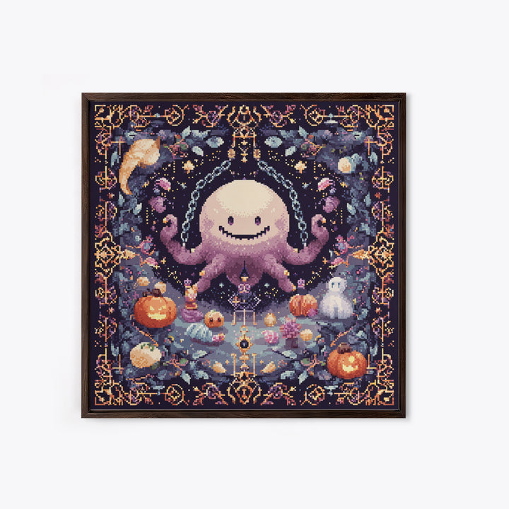 The Moonlit Shoggoth Menagerie, Pixel Halloween Art, Square Wall Art, Canvas Print, Cute Halloween Wall Art
