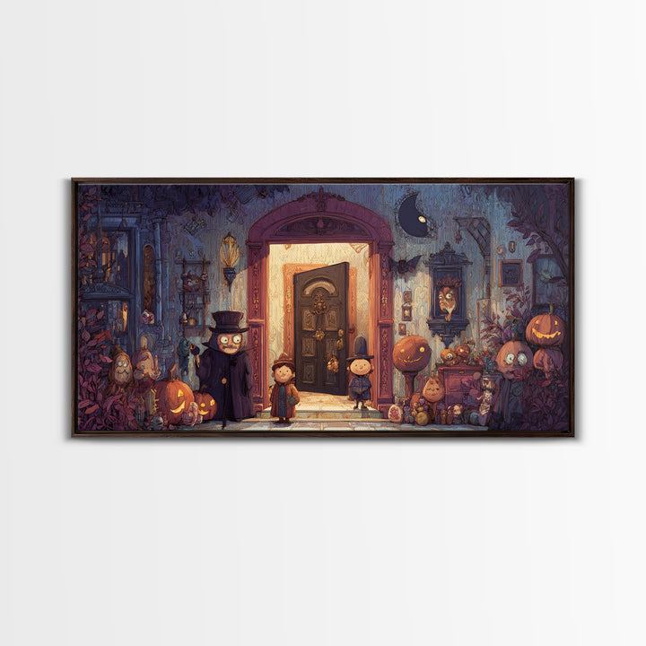 The Thirteenth Door Of Arkham House, Vector Halloween Art, Wide Panoramic Art, Framed Canvas Print, Cute Halloween Wall Art