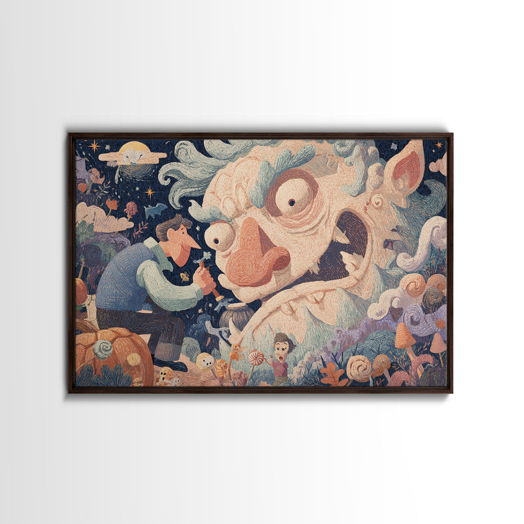 The Custodian Of The Whispering Idol, Crayon Halloween Art, Landscape Wall Art, Framed Canvas Print, Cute Halloween Wall Art