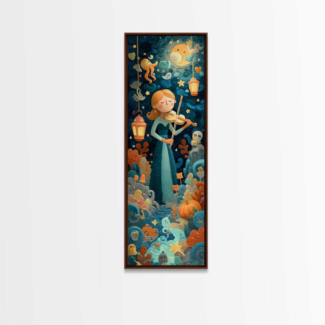 The Violinist Of The Drowned Moon, Clay Halloween Art, Tall Narrow Wall Art, Framed Canvas Print, Cute Halloween Wall Art