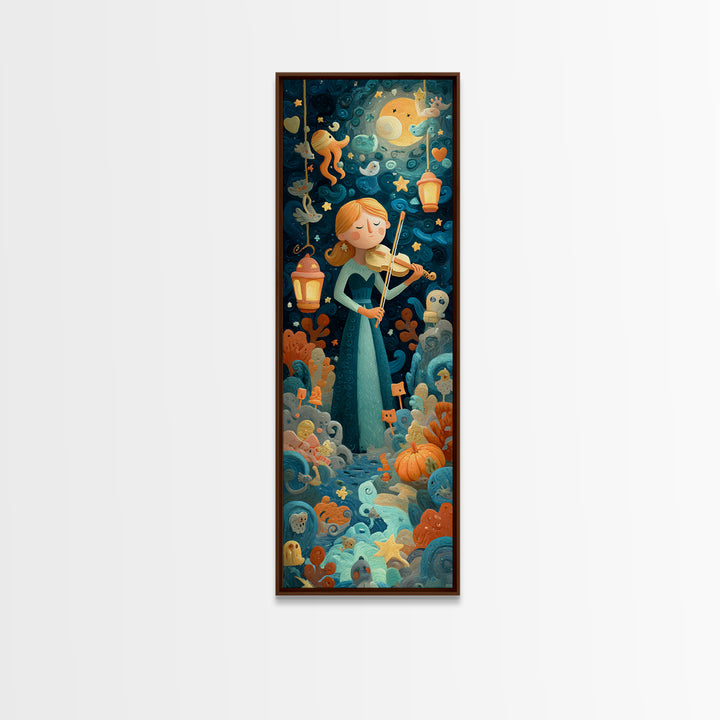 The Violinist Of The Drowned Moon, Clay Halloween Art, Tall Narrow Wall Art, Framed Canvas Print, Cute Halloween Wall Art