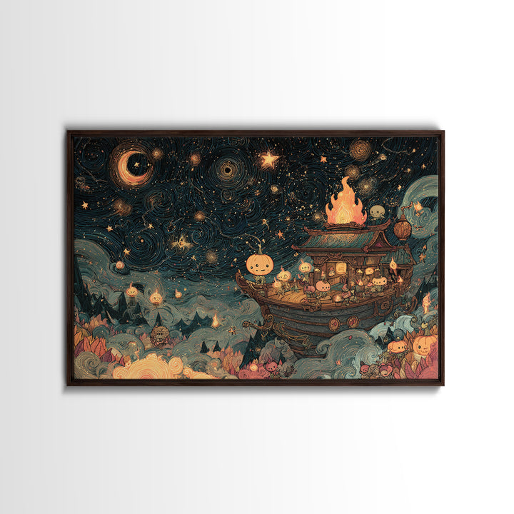 The Candelit Ark Of Forgotten Stars, Kawaii Halloween Art, Landscape Wall Art, Framed Canvas Print, Cute Halloween Wall Art