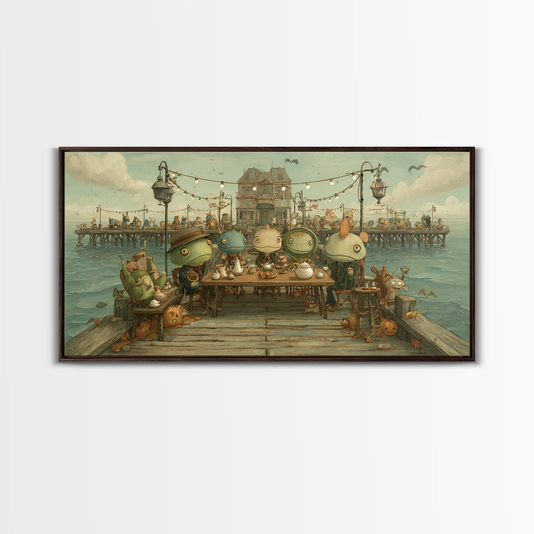 The Tea Party At Innsmouth Pier, Screenprint Halloween Art, Wide Panoramic Art, Framed Canvas Print, Cute Halloween Wall Art