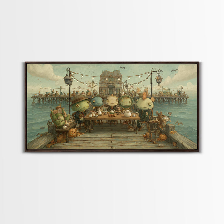 The Tea Party At Innsmouth Pier, Screenprint Halloween Art, Wide Panoramic Art, Framed Canvas Print, Cute Halloween Wall Art