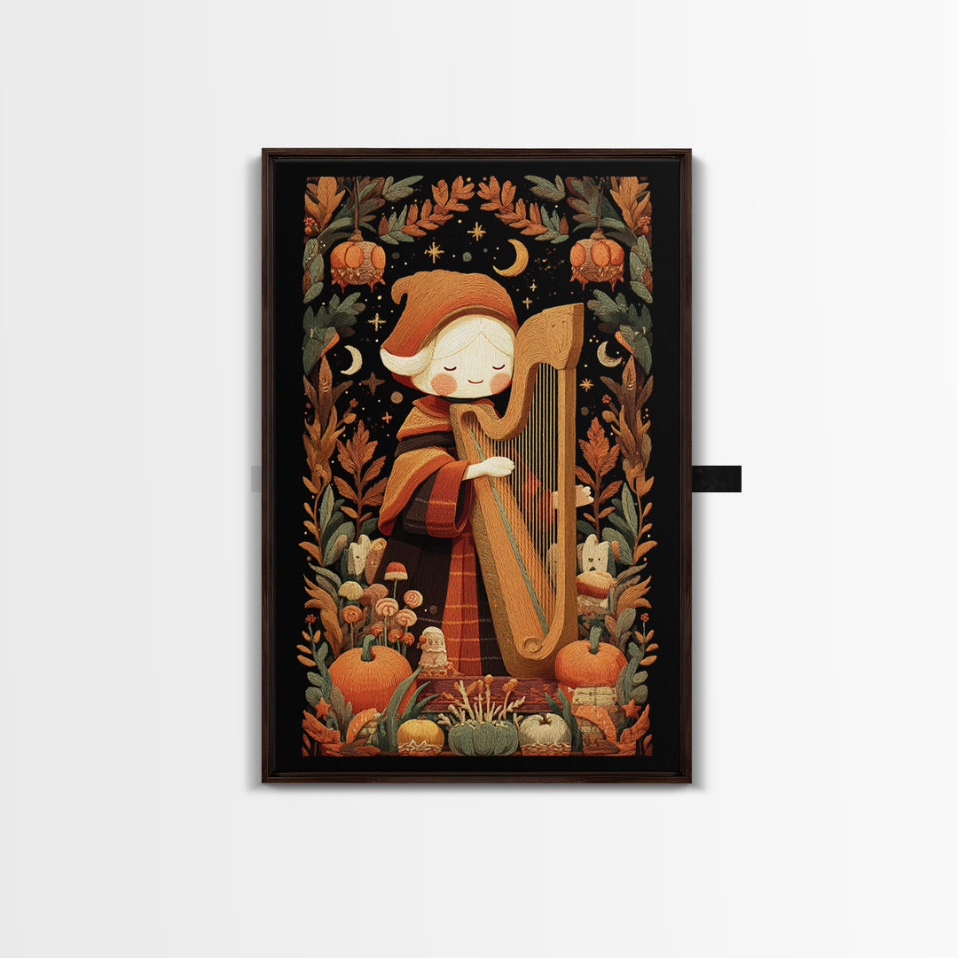 The Harpist Of Abyssal Sleep, Embroidered Halloween Art, Vertical Wall Art, Canvas Print, Cute Halloween Wall Art