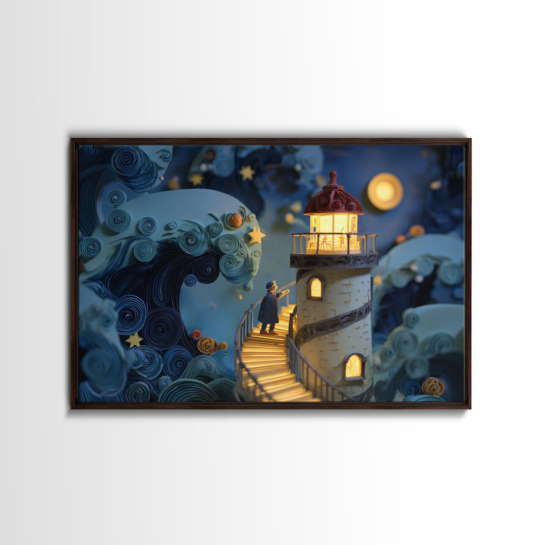 The Last Lighthouse Of Y’Ha-Nthlei, Quilled Halloween Art, Landscape Wall Art, Framed Canvas Print, Cute Halloween Wall Art