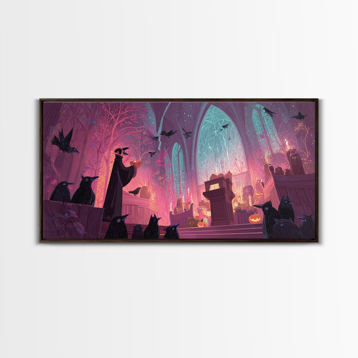 The Raven Sermon Of Leng, Vaporwave Halloween Art, Wide Panoramic Art, Framed Canvas Print, Cute Halloween Wall Art