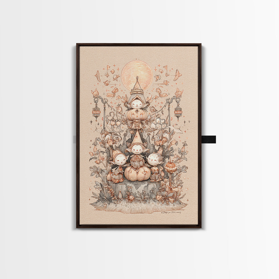 The Festival Of The Little Old Ones, Hand Sketch Halloween Art, Vertical Wall Art, Canvas Print, Cute Halloween Wall Art