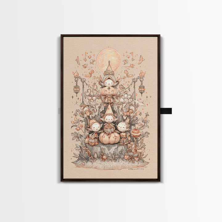 The Festival Of The Little Old Ones, Hand Sketch Halloween Art, Vertical Wall Art, Canvas Print, Cute Halloween Wall Art