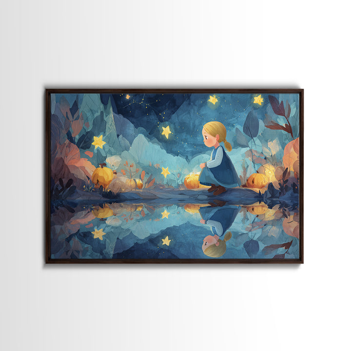 The Mirror Lake Of Lost Constellations, Watercolor Halloween Art, Landscape Wall Art, Framed Canvas Print, Cute Halloween Wall Art