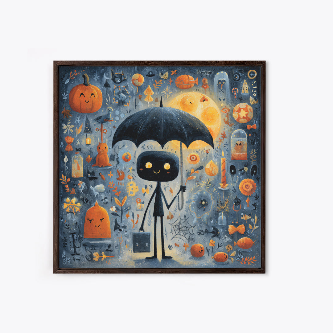 The Umbrella Of The Outer Rain, Gouache Halloween Art, Square Wall Art, Canvas Print, Cute Halloween Wall Art