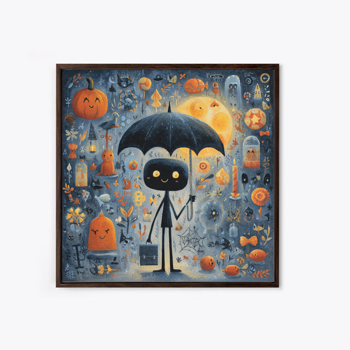 The Umbrella Of The Outer Rain, Gouache Halloween Art, Square Wall Art, Canvas Print, Cute Halloween Wall Art