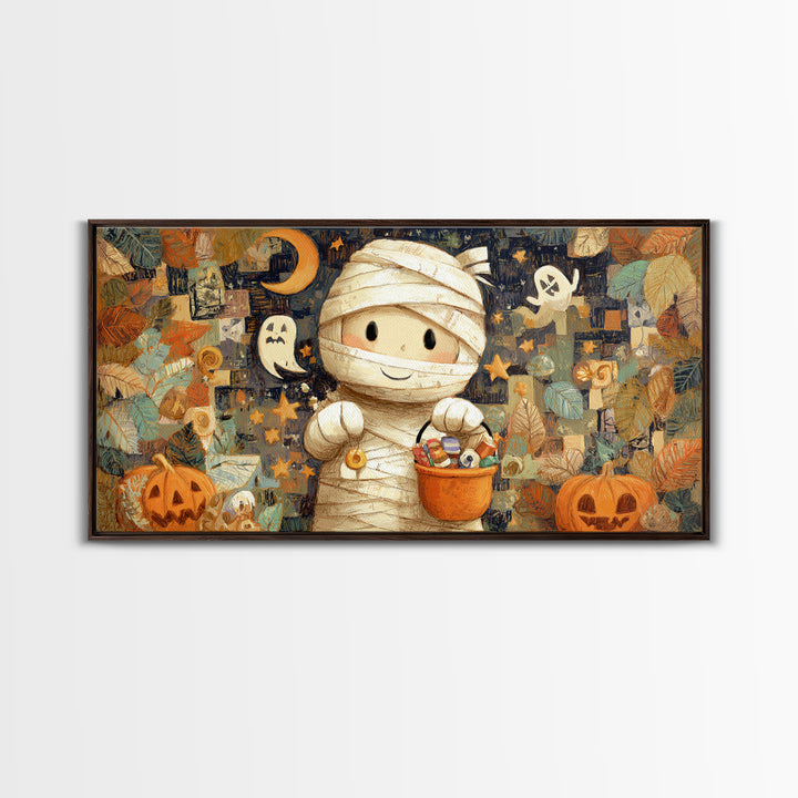The Shy Little Mummy, Crayon Halloween Art, Wide Panoramic Art, Framed Canvas Print, Cute Halloween Wall Art