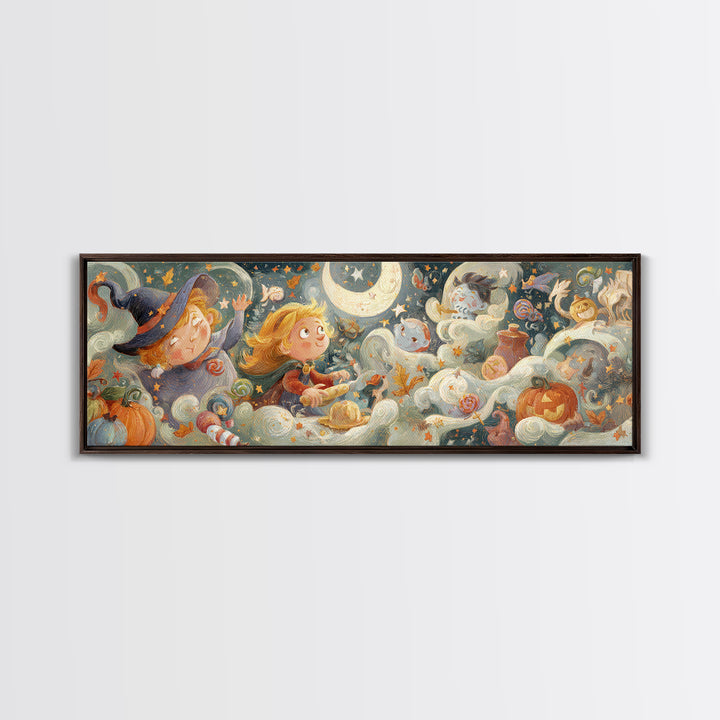 The Cookie Spellcaster, Pastel Halloween Art, Extra Wide Wall Art, Canvas Print, Cute Halloween Wall Art