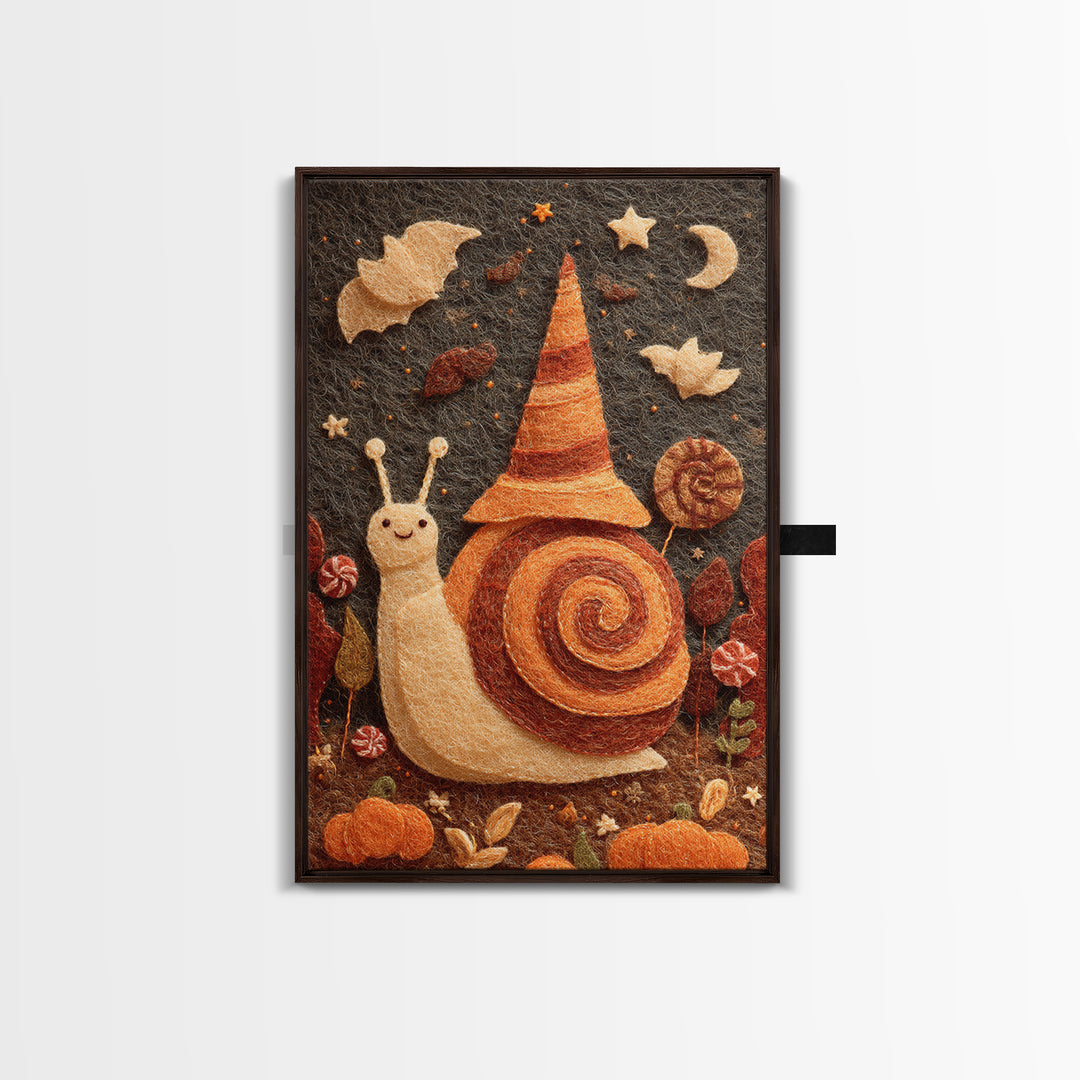 The Cinnamon-Roll Snail Witch, Felt Halloween Art, Vertical Wall Art, Canvas Print, Cute Halloween Wall Art