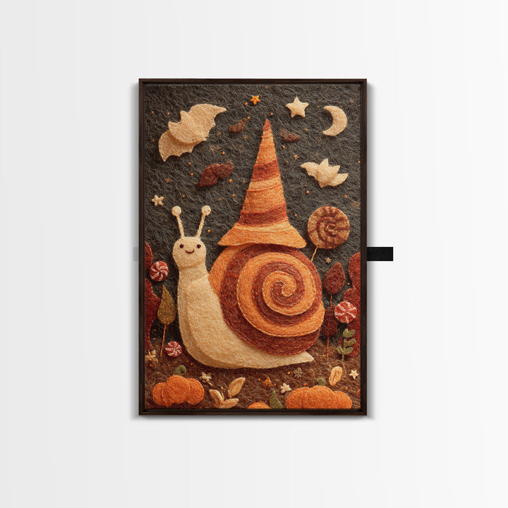 The Cinnamon-Roll Snail Witch, Felt Halloween Art, Vertical Wall Art, Canvas Print, Cute Halloween Wall Art