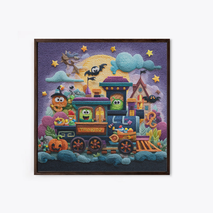 The Trick-Or-Treat Express, Plush Halloween Art, Square Wall Art, Canvas Print, Cute Halloween Wall Art