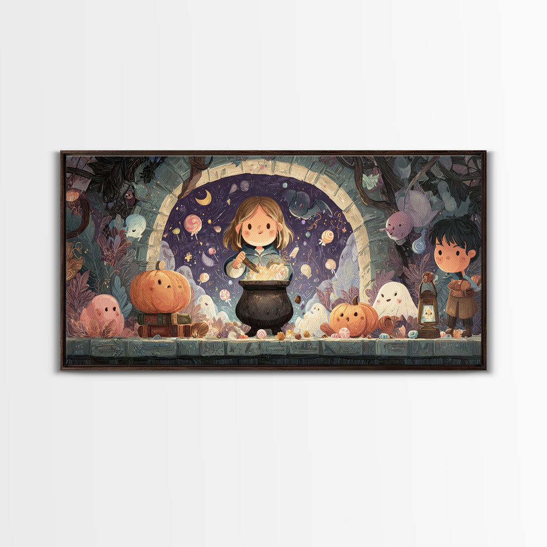 The Dreamwell Beneath Miskatonic, Kawaii Halloween Art, Wide Panoramic Art, Framed Canvas Print, Cute Halloween Wall Art