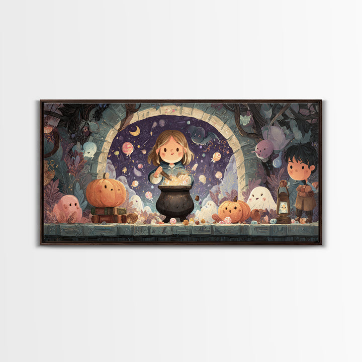The Dreamwell Beneath Miskatonic, Kawaii Halloween Art, Wide Panoramic Art, Framed Canvas Print, Cute Halloween Wall Art