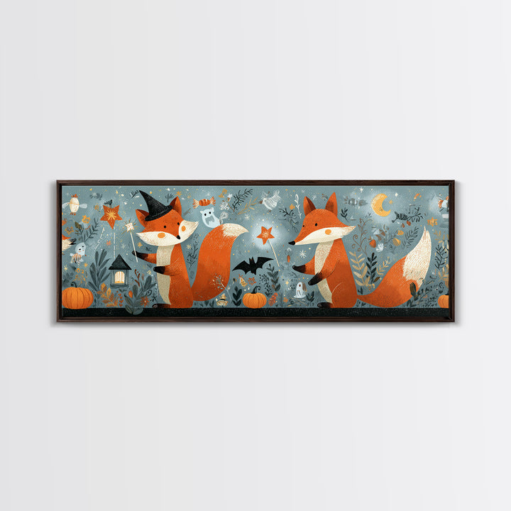 The Fox Wizard, Retro Halloween Art, Extra Wide Wall Art, Canvas Print, Cute Halloween Wall Art, Cozy Autumn Kids Decor