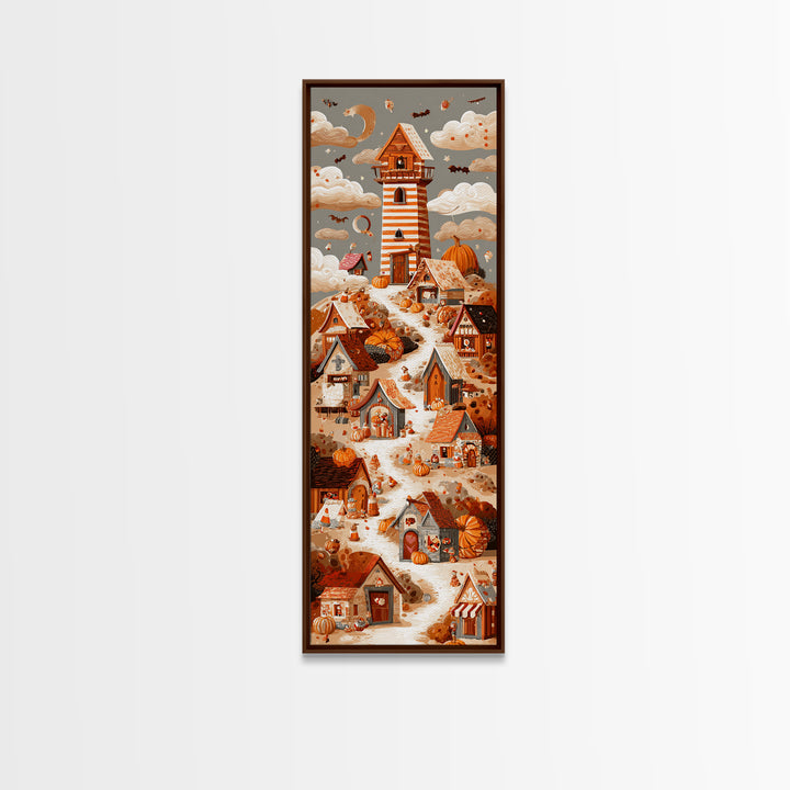 Candy Corn Village, Screenprint Halloween Art, Tall Narrow Wall Art, Framed Canvas Print, Cute Halloween Wall Art
