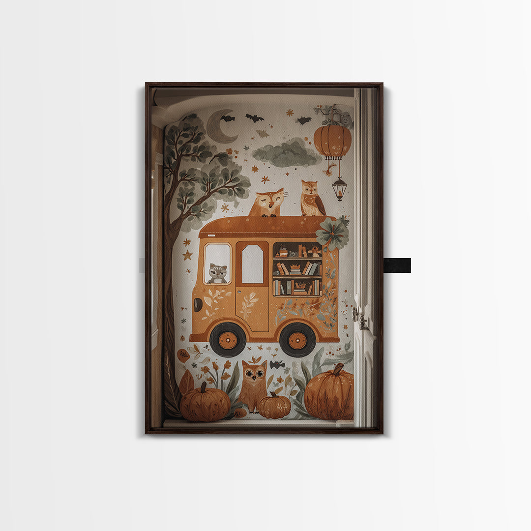 The Pumpkin Bookmobile, Folk Halloween Art, Vertical Wall Art, Canvas Print, Cute Halloween Wall Art