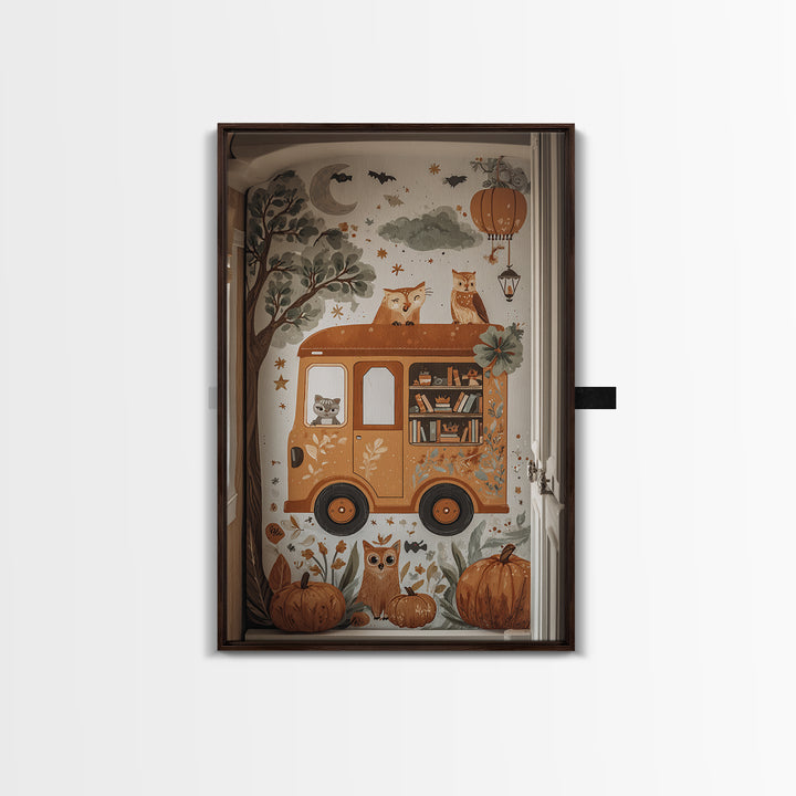 The Pumpkin Bookmobile, Folk Halloween Art, Vertical Wall Art, Canvas Print, Cute Halloween Wall Art