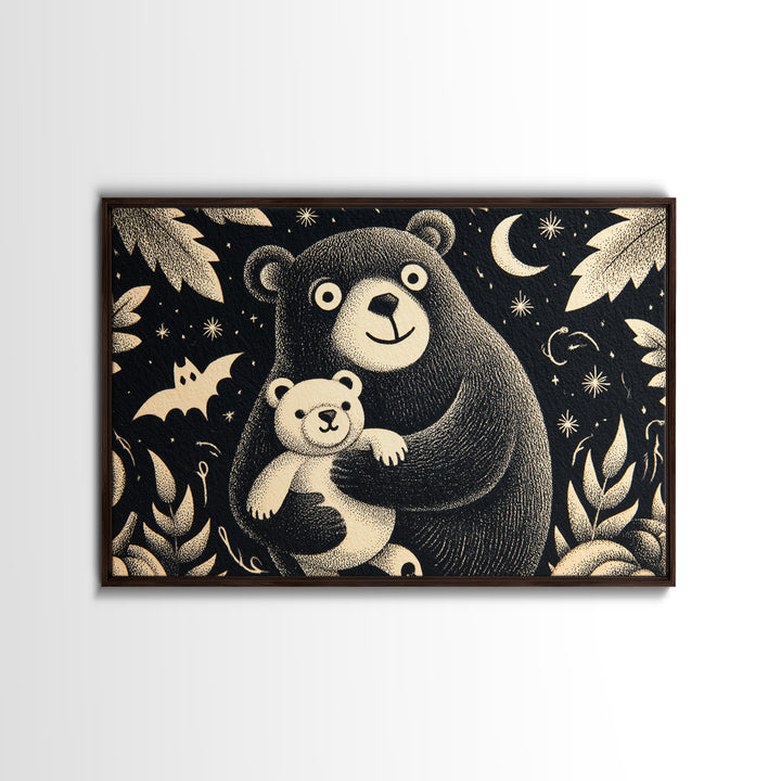 The Three-Eyed Teddy Monster, Linocut Halloween Art, Landscape Wall Art, Framed Canvas Print, Cute Halloween Wall Art