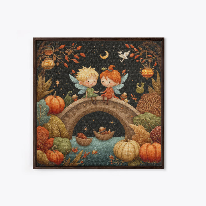 The Autumn Fairy Bridge, Embroidered Halloween Art, Square Wall Art, Canvas Print, Cute Halloween Wall Art