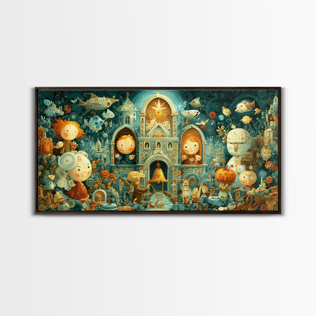 The Bellringer Of The Sunken Cathedral, Quilled Halloween Art, Wide Panoramic Art, Framed Canvas Print, Cute Halloween Wall Art