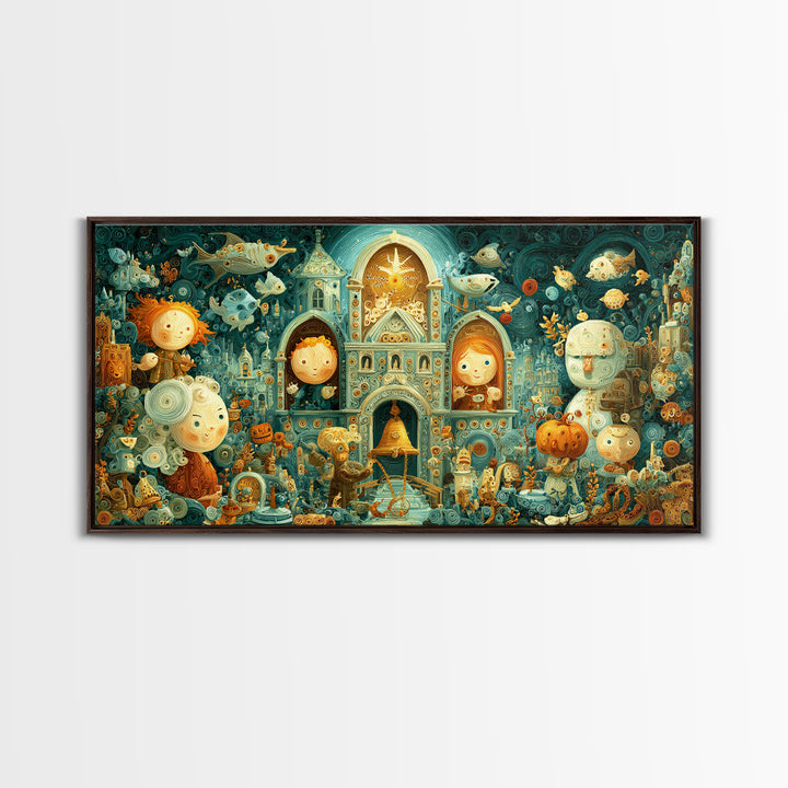 The Bellringer Of The Sunken Cathedral, Quilled Halloween Art, Wide Panoramic Art, Framed Canvas Print, Cute Halloween Wall Art