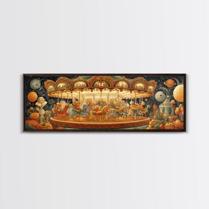 The Carousel Of Sleeping Planets, Stained Glass Halloween, Extra Wide Wall Art, Canvas Print, Cute Halloween Wall Art