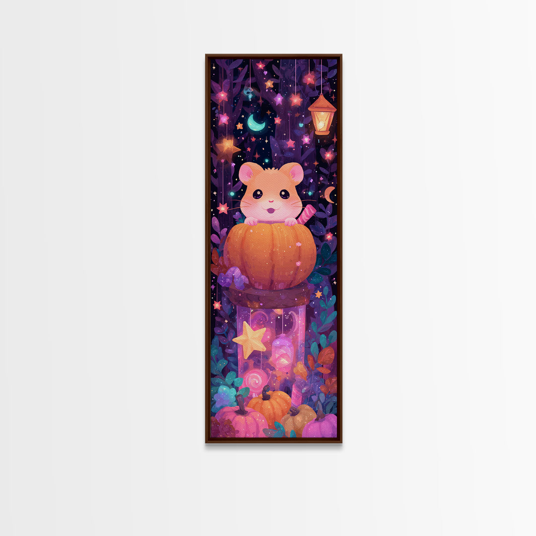 The Pumpkin Hamster, Vaporwave Halloween Art, Tall Narrow Wall Art, Framed Canvas Print, Cute Halloween Wall Art