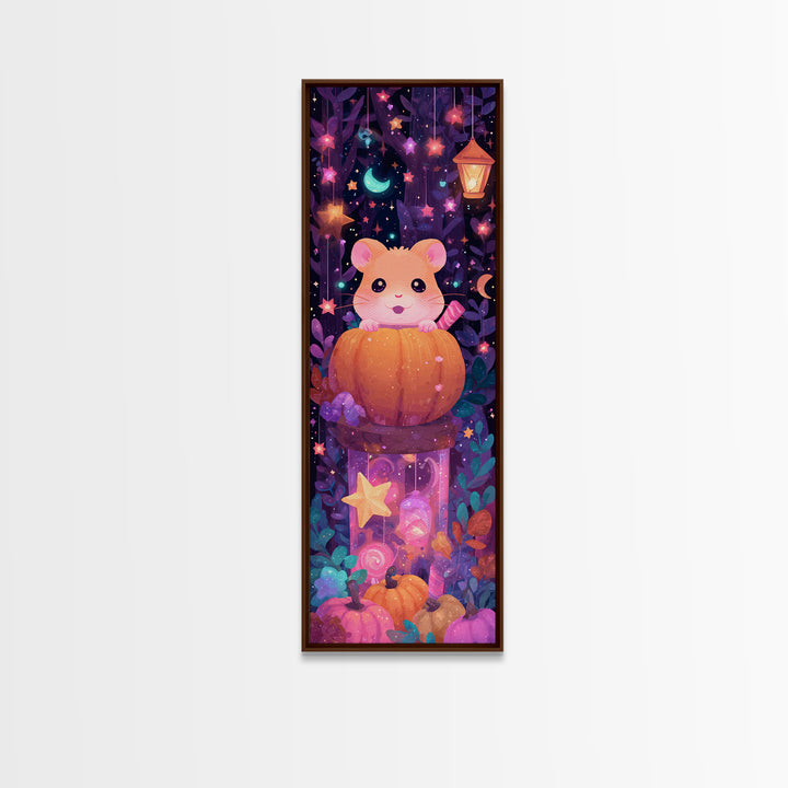 The Pumpkin Hamster, Vaporwave Halloween Art, Tall Narrow Wall Art, Framed Canvas Print, Cute Halloween Wall Art
