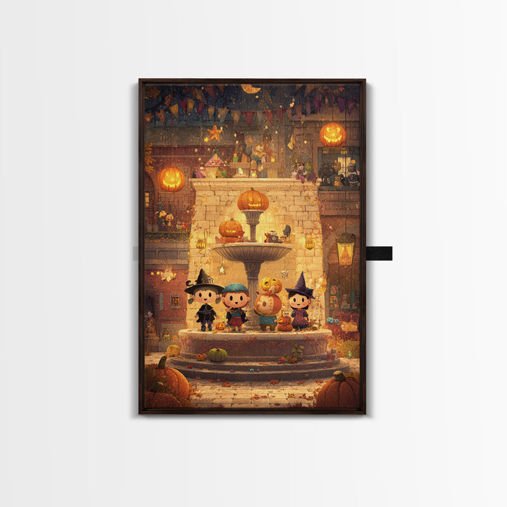The Trick-Or-Treat Village Square, Pixel Halloween Art, Vertical Wall Art, Canvas Print, Cute Halloween Wall Art