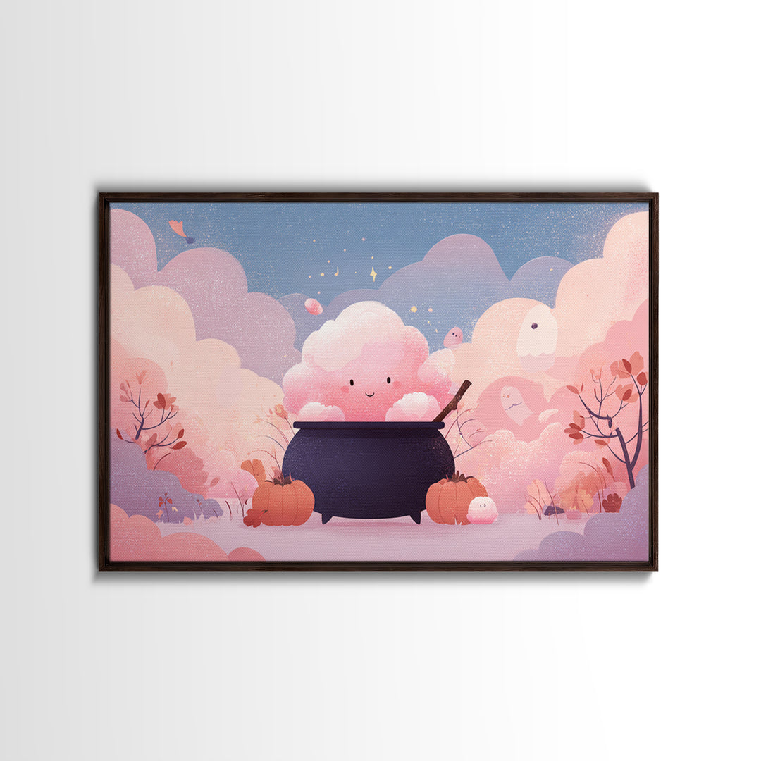 The Cotton-Candy Cauldron, Vector Halloween Art, Landscape Wall Art, Framed Canvas Print, Cute Halloween Wall Art