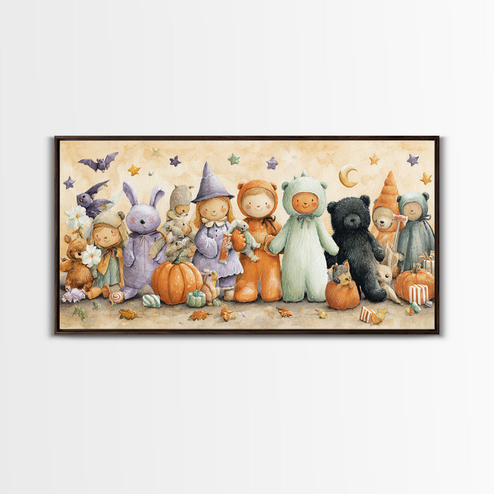 The Halloween Toy Kingdom, Watercolor Halloween Art, Wide Panoramic Art, Framed Canvas Print, Cute Halloween Wall Art