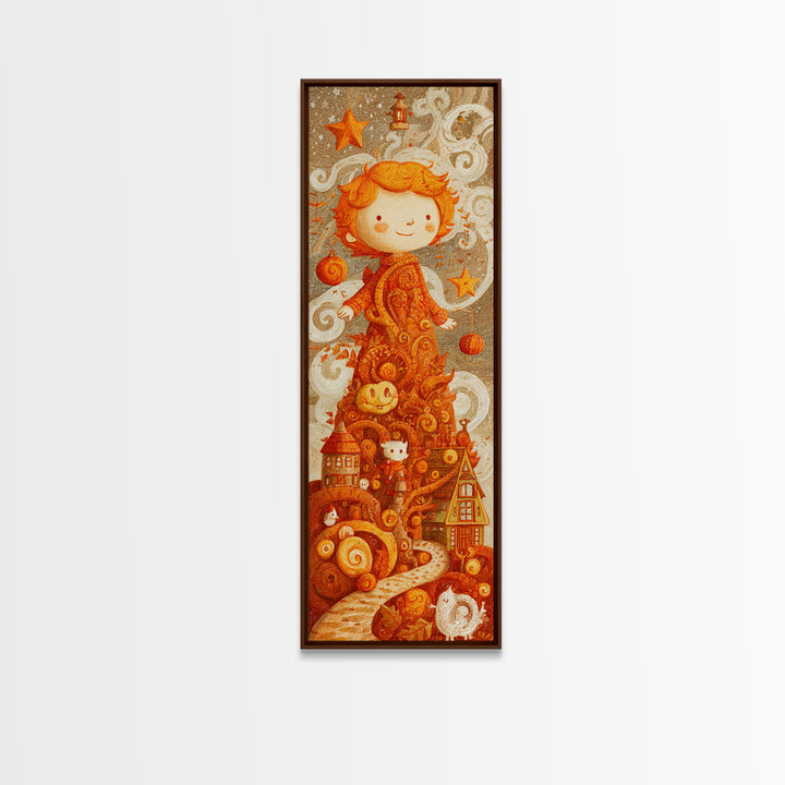 The Autumn Leaf Sprite, Crayon Halloween Art, Tall Narrow Wall Art, Framed Canvas Print, Cute Halloween Wall Art