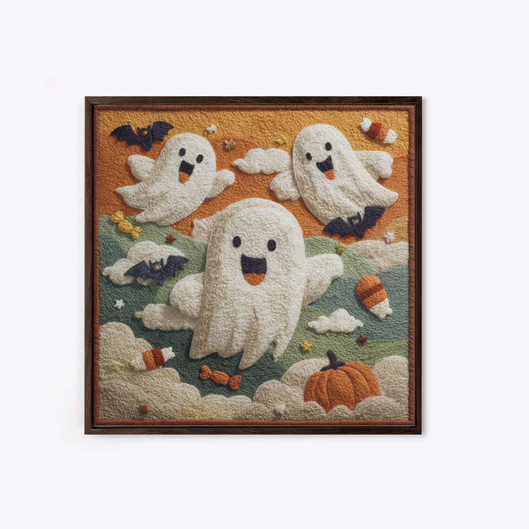 The Ghost Kite Festival, Felt Halloween Art, Square Wall Art, Canvas Print, Cute Halloween Wall Art, Halloween Kids Decor