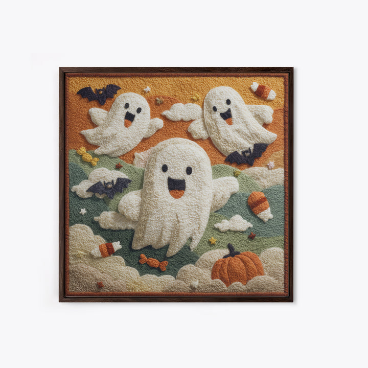 The Ghost Kite Festival, Felt Halloween Art, Square Wall Art, Canvas Print, Cute Halloween Wall Art, Halloween Kids Decor