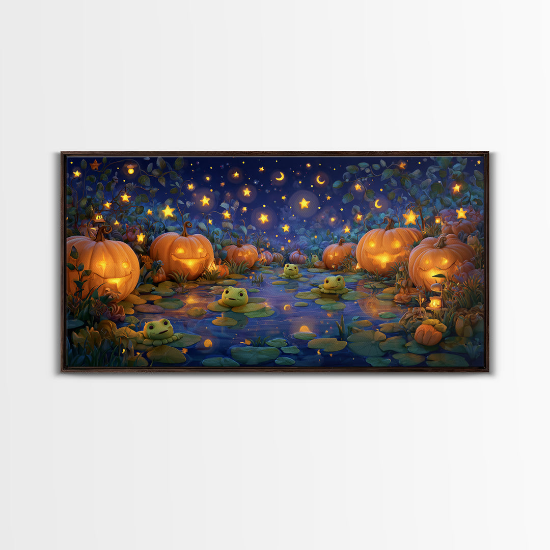 The Star-Filled Pumpkin Pond, Clay Halloween Art, Wide Panoramic Art, Framed Canvas Print, Cute Halloween Wall Art
