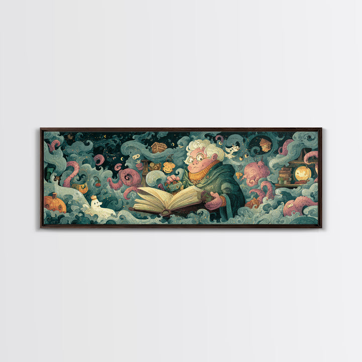 The Librarian Of Forbidden Tides, Plush Halloween Art, Extra Wide Wall Art, Canvas Print, Cute Halloween Wall Art