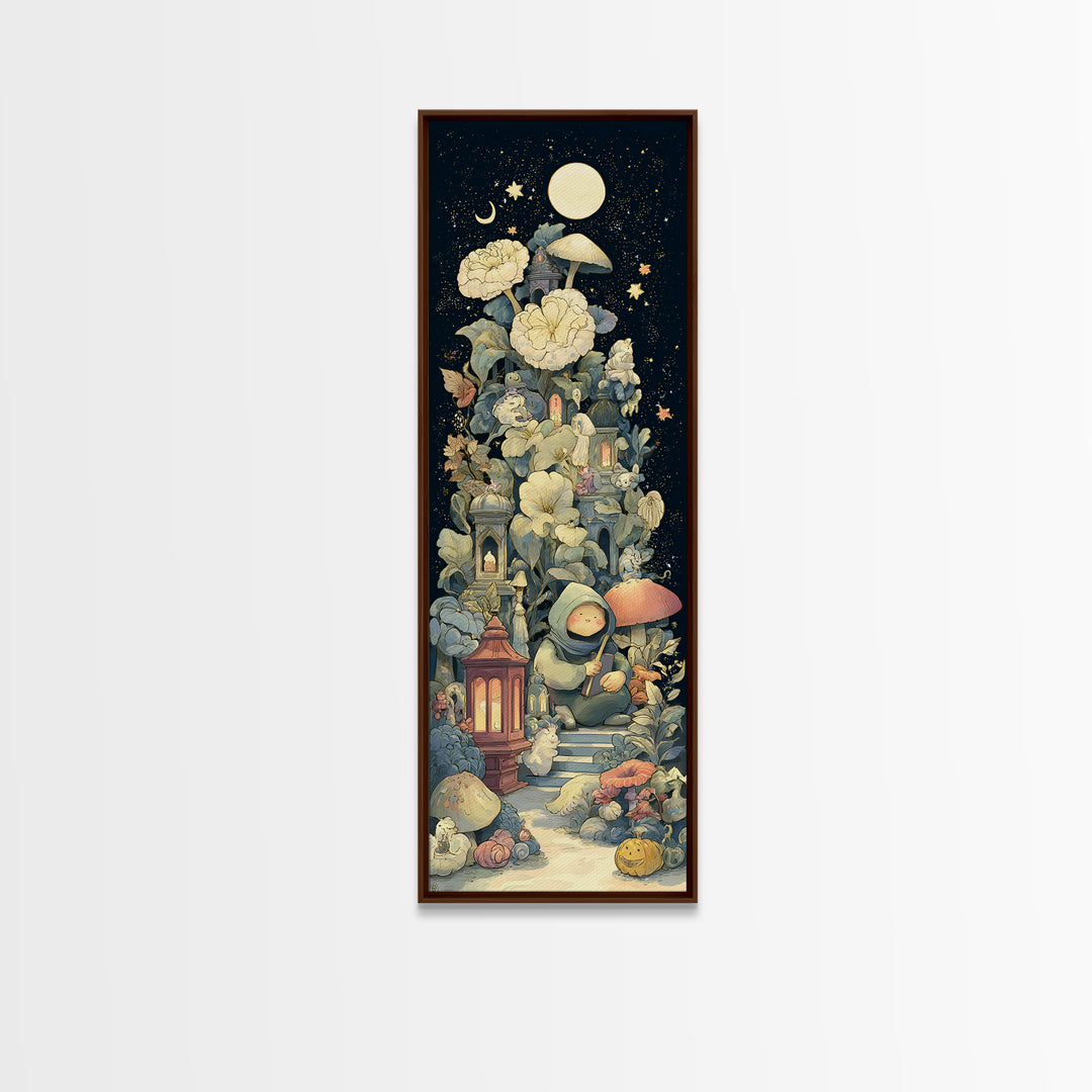 The Garden Of The Eyeless Moon, Kawaii Halloween Art, Tall Narrow Wall Art, Framed Canvas Print, Cute Halloween Wall Art