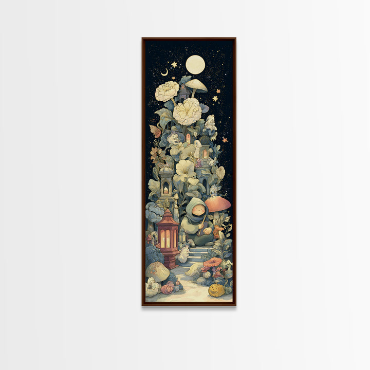 The Garden Of The Eyeless Moon, Kawaii Halloween Art, Tall Narrow Wall Art, Framed Canvas Print, Cute Halloween Wall Art