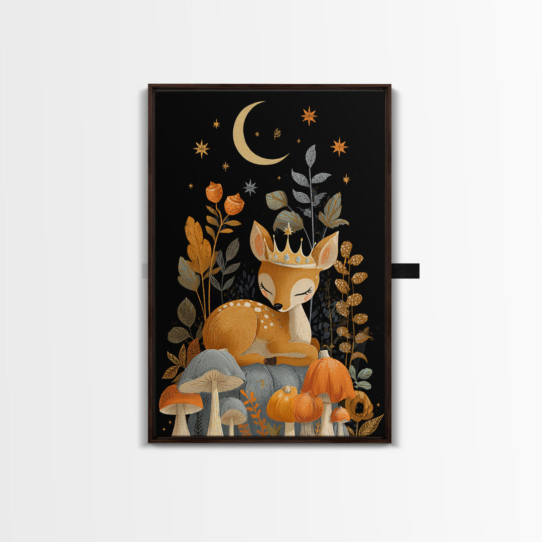 The Moon Princess Deer, Retro Halloween Art, Vertical Wall Art, Canvas Print, Cute Halloween Wall Art