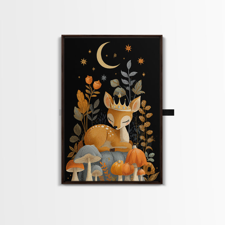 The Moon Princess Deer, Retro Halloween Art, Vertical Wall Art, Canvas Print, Cute Halloween Wall Art