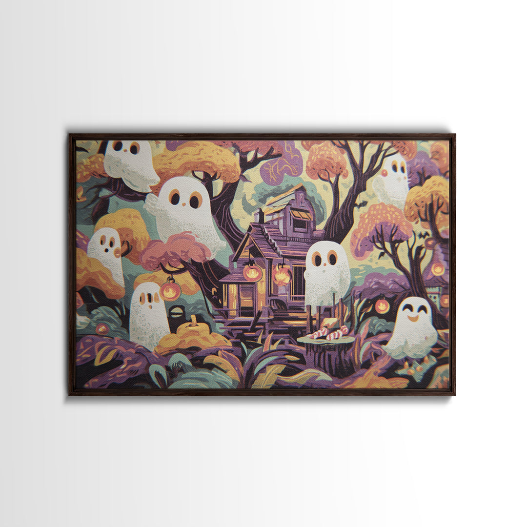 The Ghostly Treehouse, Screenprint Halloween Art, Landscape Wall Art, Framed Canvas Print, Cute Halloween Wall Art