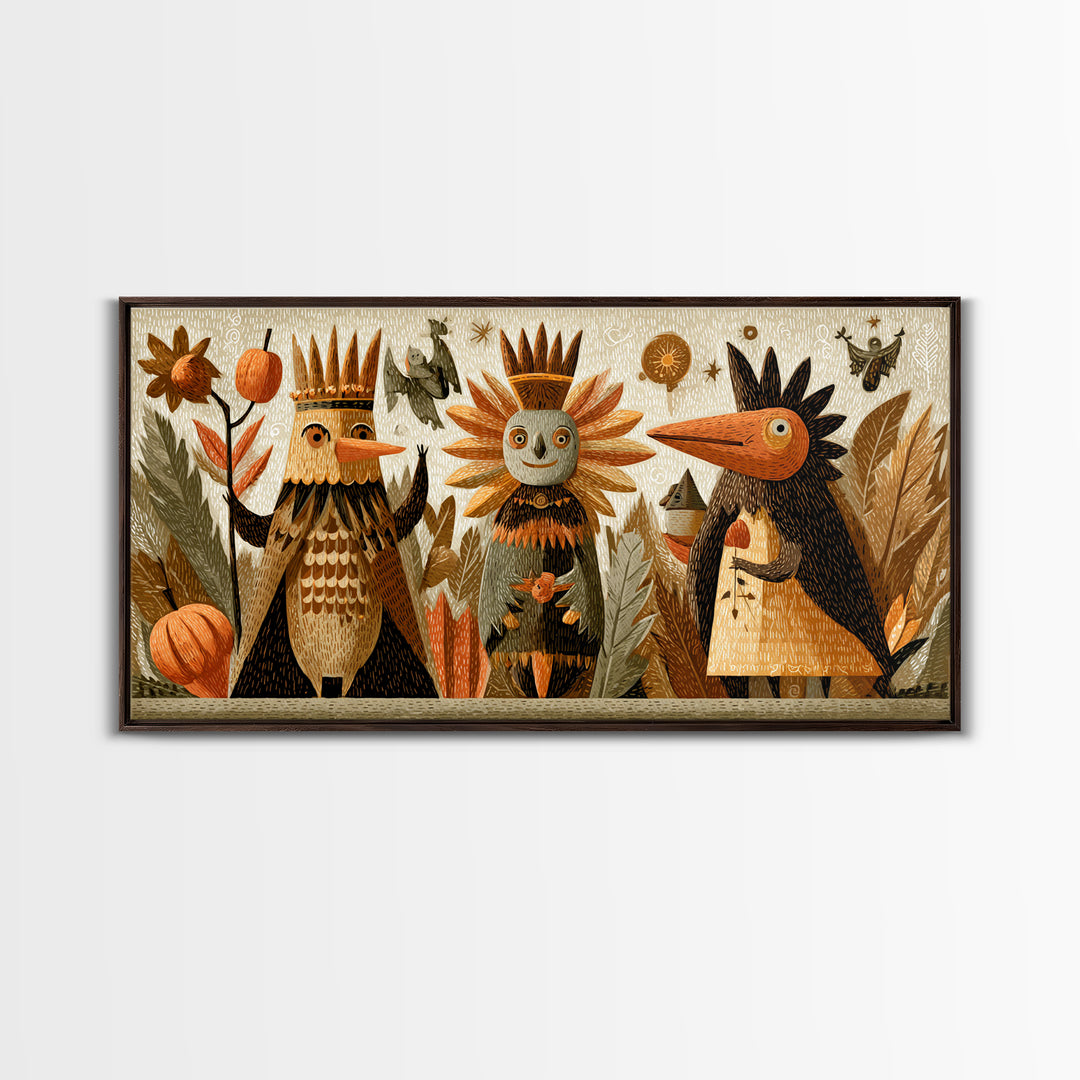 The Autumn Leaf Costume Contest, Linocut Halloween Art, Wide Panoramic Art, Framed Canvas Print, Cute Halloween Wall Art