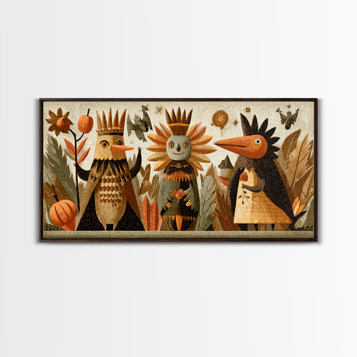 The Autumn Leaf Costume Contest, Linocut Halloween Art, Wide Panoramic Art, Framed Canvas Print, Cute Halloween Wall Art
