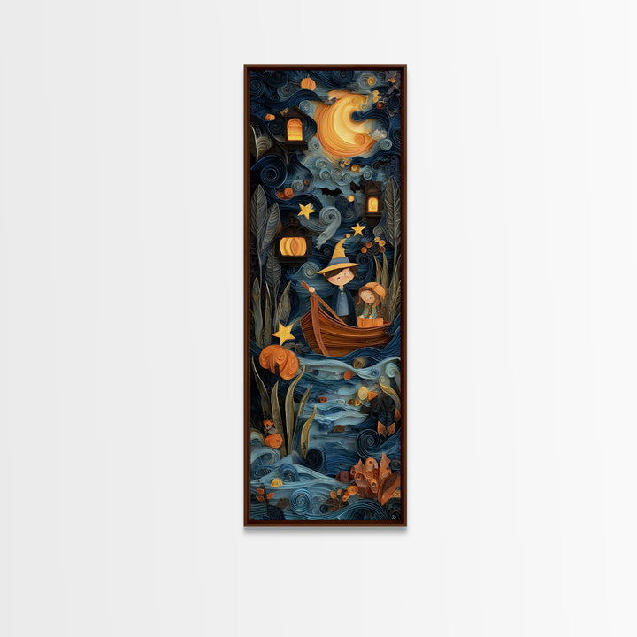 The Ferryman Of The Outer Marsh, Quilled Halloween Art, Tall Narrow Wall Art, Framed Canvas Print, Cute Halloween Wall Art